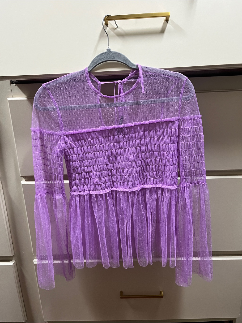 Romeo And Juliet Brand Sheer Lilac Mesh Smocked Peplum Top